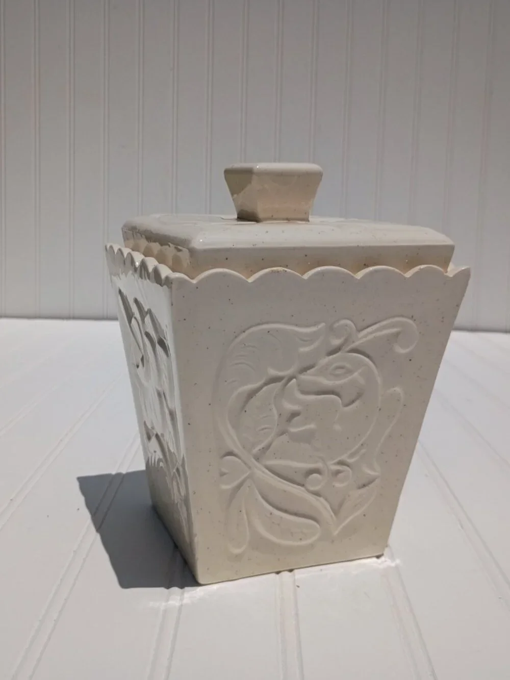 Vintage Ceramic Kitchen Canister with Lid Floral Embossed 4-Sided Beige Speckled